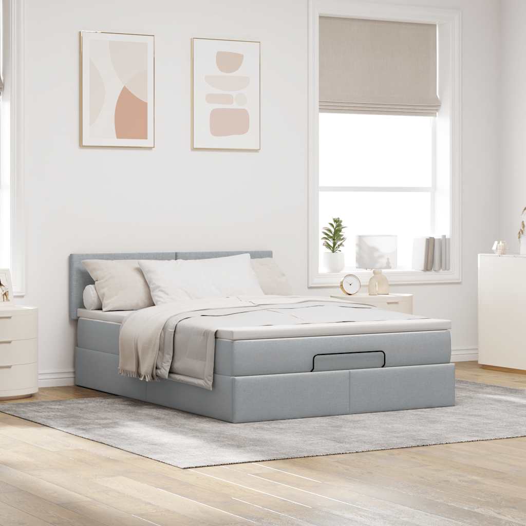 Ottomane Bett mit Matratze & LEDs Hellgrau 140x190 cm Stoff