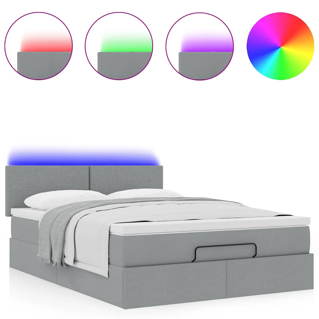 Ottomane Bett mit Matratze & LEDs Hellgrau 140x190 cm Stoff