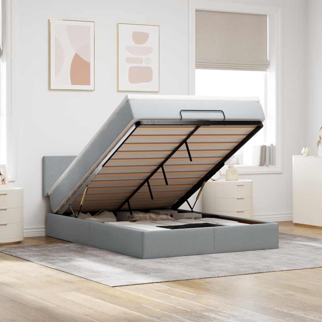 Ottomane Bett mit Matratze & LEDs Hellgrau 140x190 cm Stoff