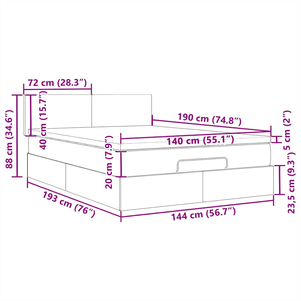 Ottomane Bett mit Matratze & LEDs Dunkelgrau 140x190 cm Stoff
