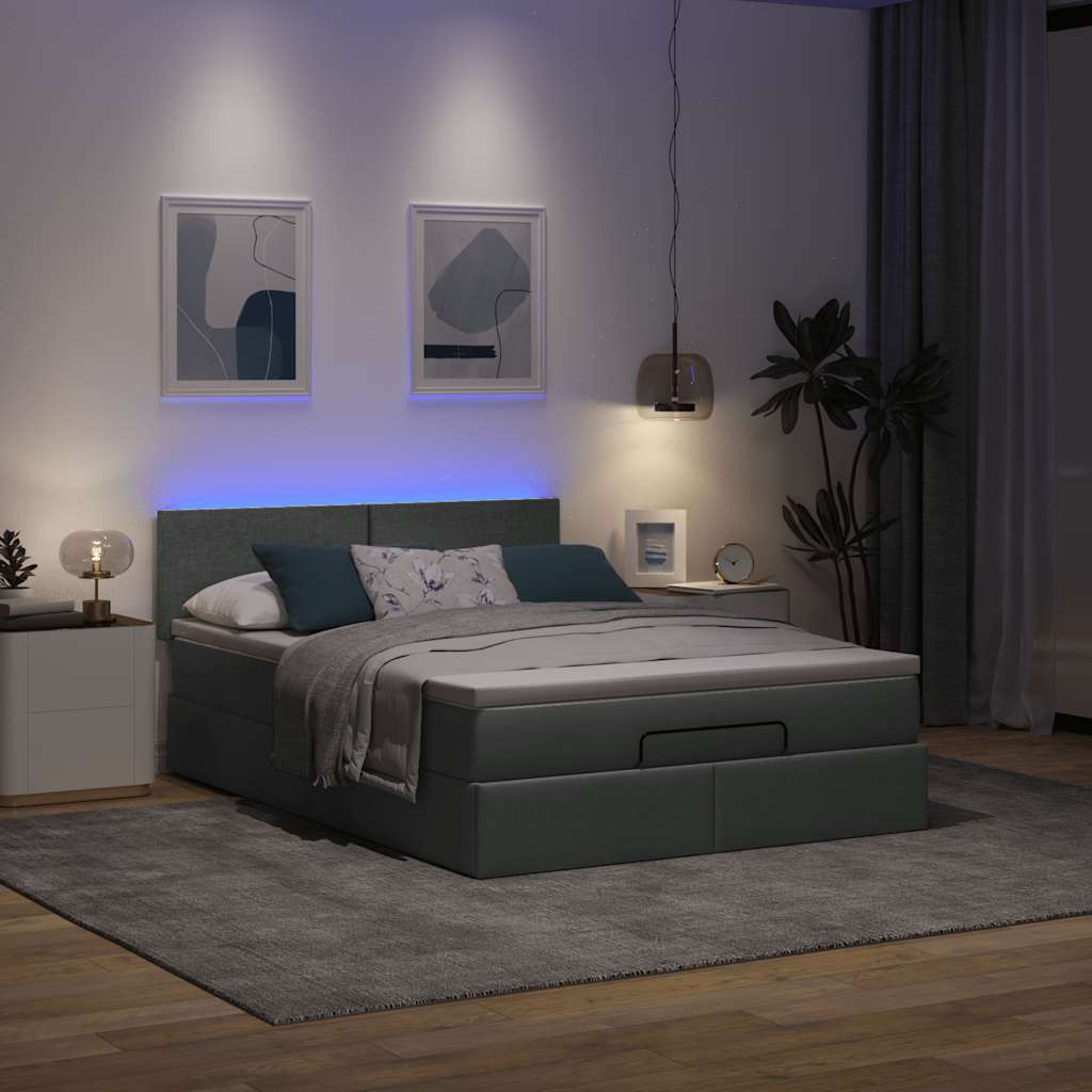 Ottomane Bett mit Matratze & LEDs Dunkelgrau 140x190 cm Stoff