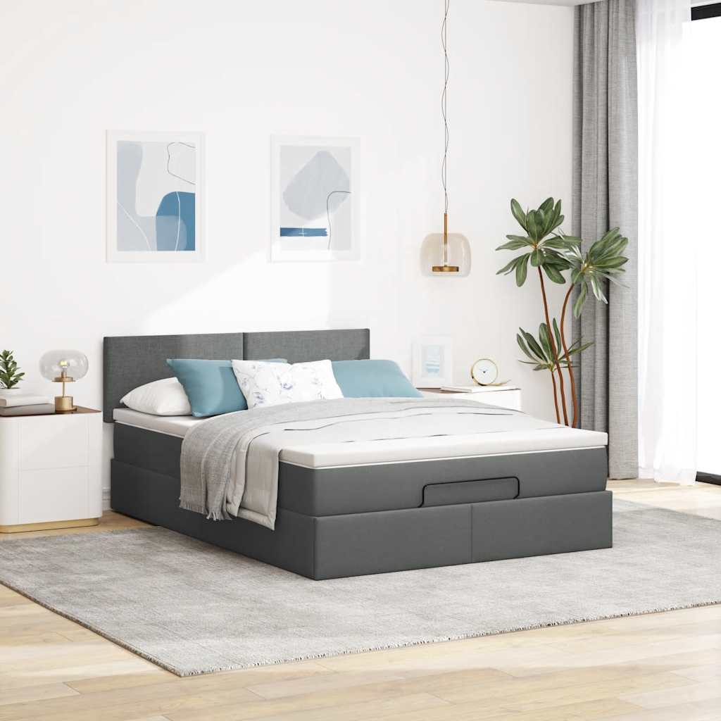 Ottomane Bett mit Matratze & LEDs Dunkelgrau 140x190 cm Stoff