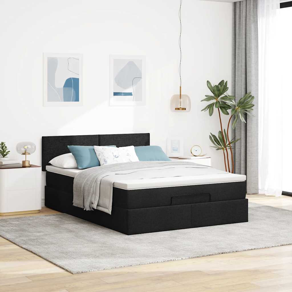 Ottomane Bett mit Matratze & LEDs Schwarz 140x190 cm Stoff