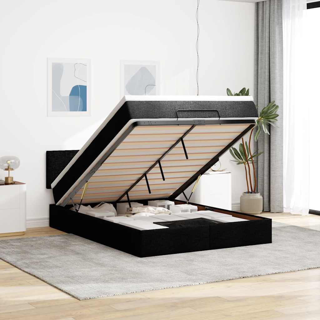 Ottomane Bett mit Matratze & LEDs Schwarz 140x190 cm Stoff