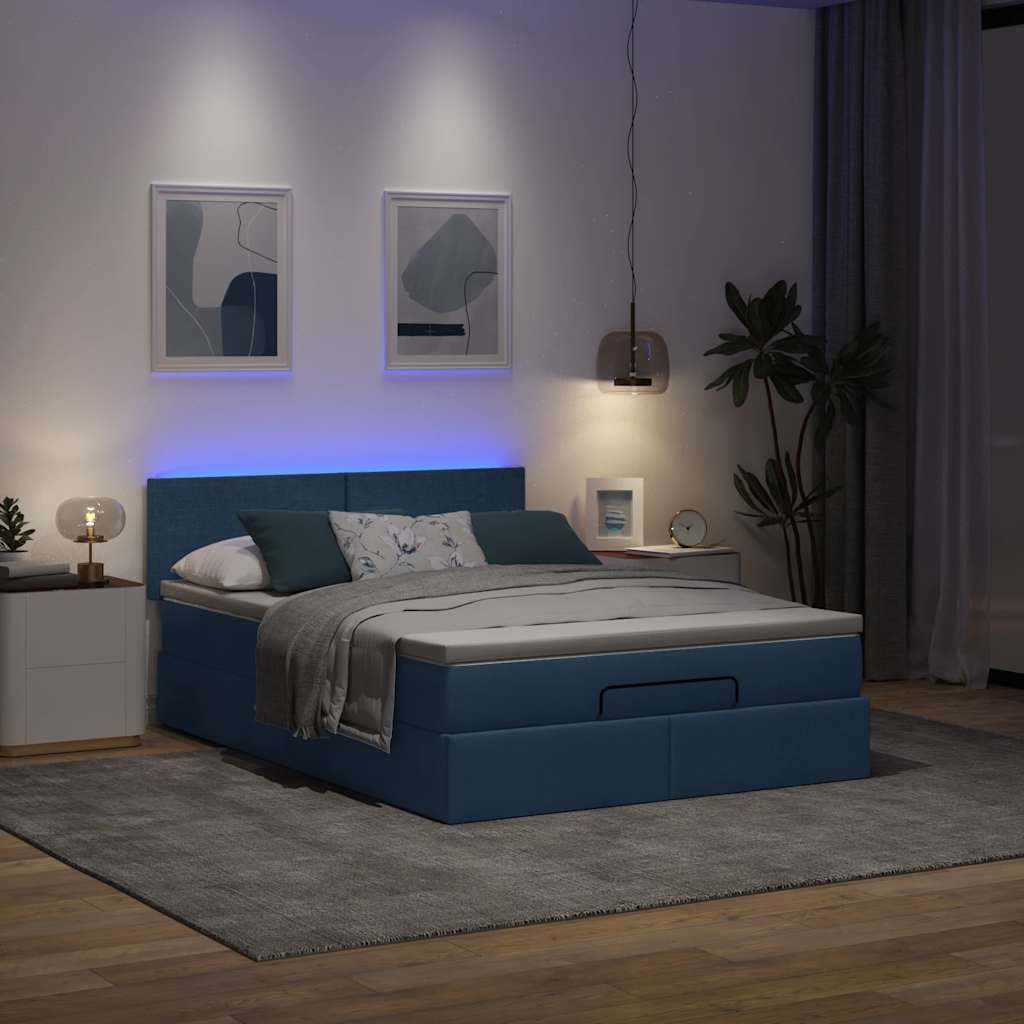 Ottomane Bett mit Matratze & LEDs Blau 140x190 cm Stoff