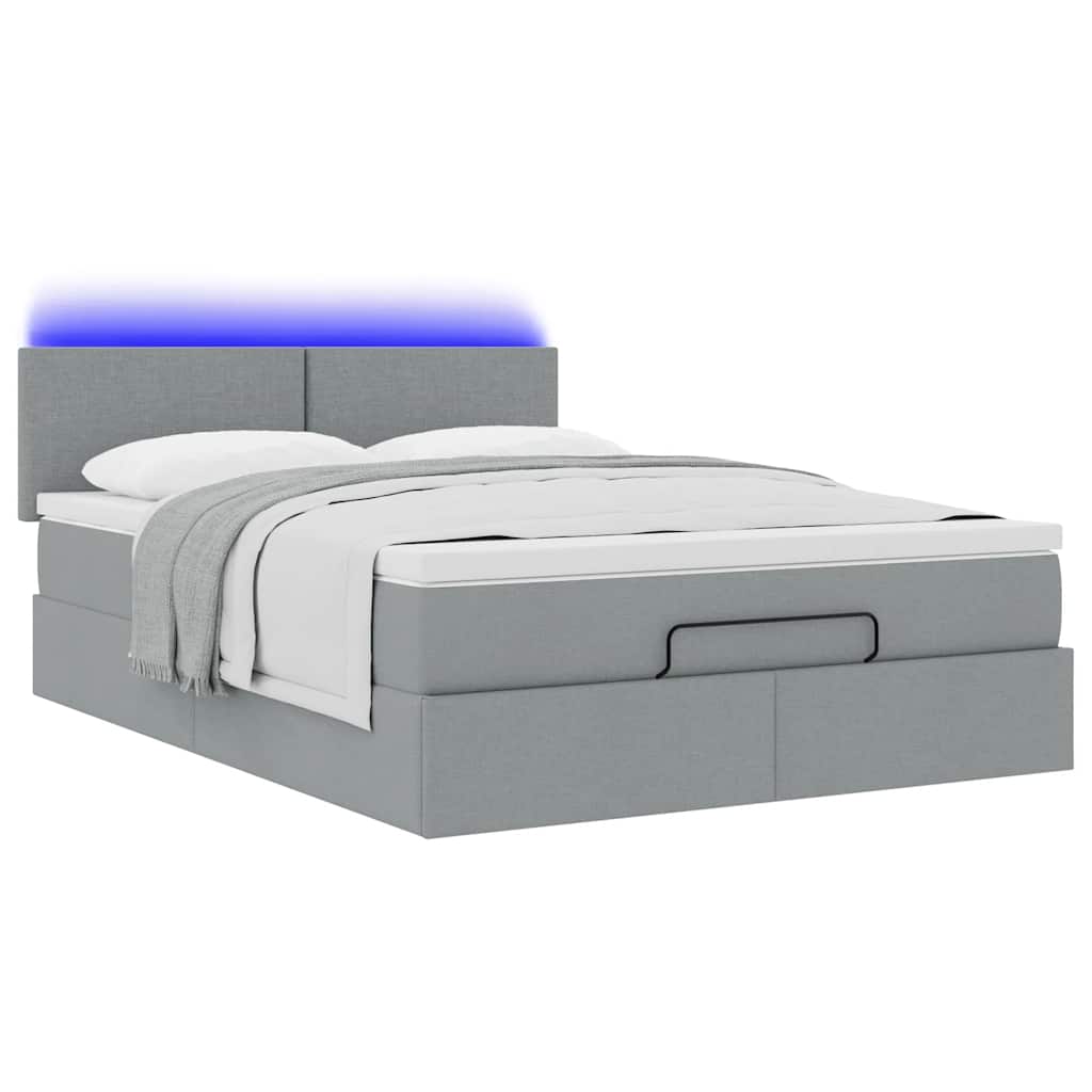Ottoman-Bett mit Matratze & LEDs Hellgrau 140x200 cm Stoff