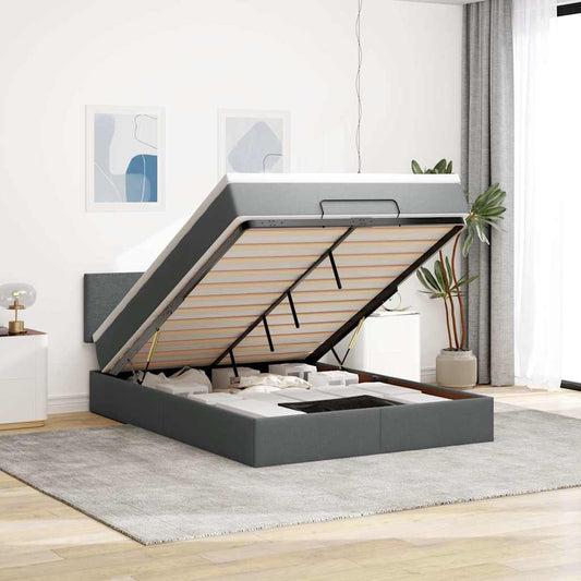 Ottomane Bett mit Matratze & LEDs Dunkelgrau 140x200 cm Stoff