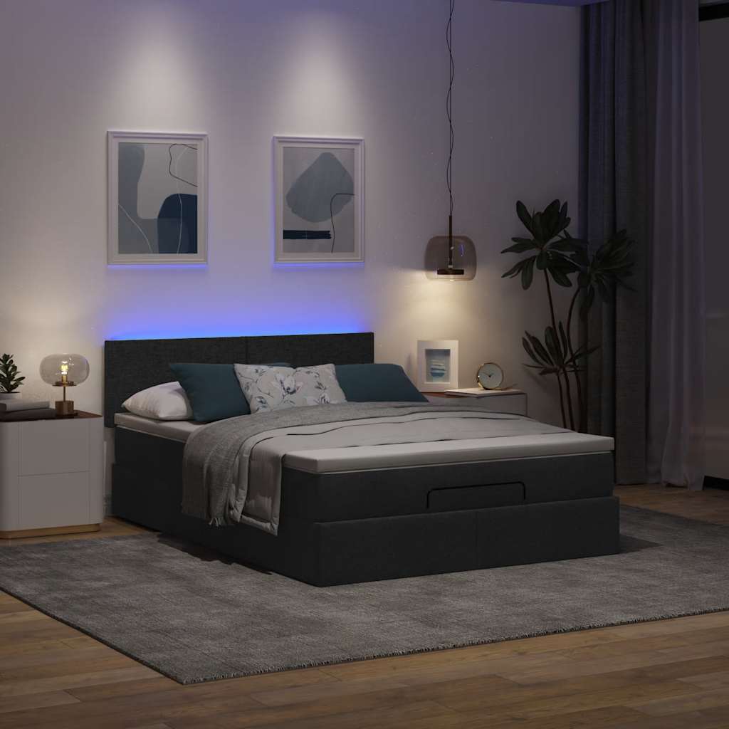 Ottomane Bett mit Matratze & LEDs Schwarz 140x200 cm Stoff