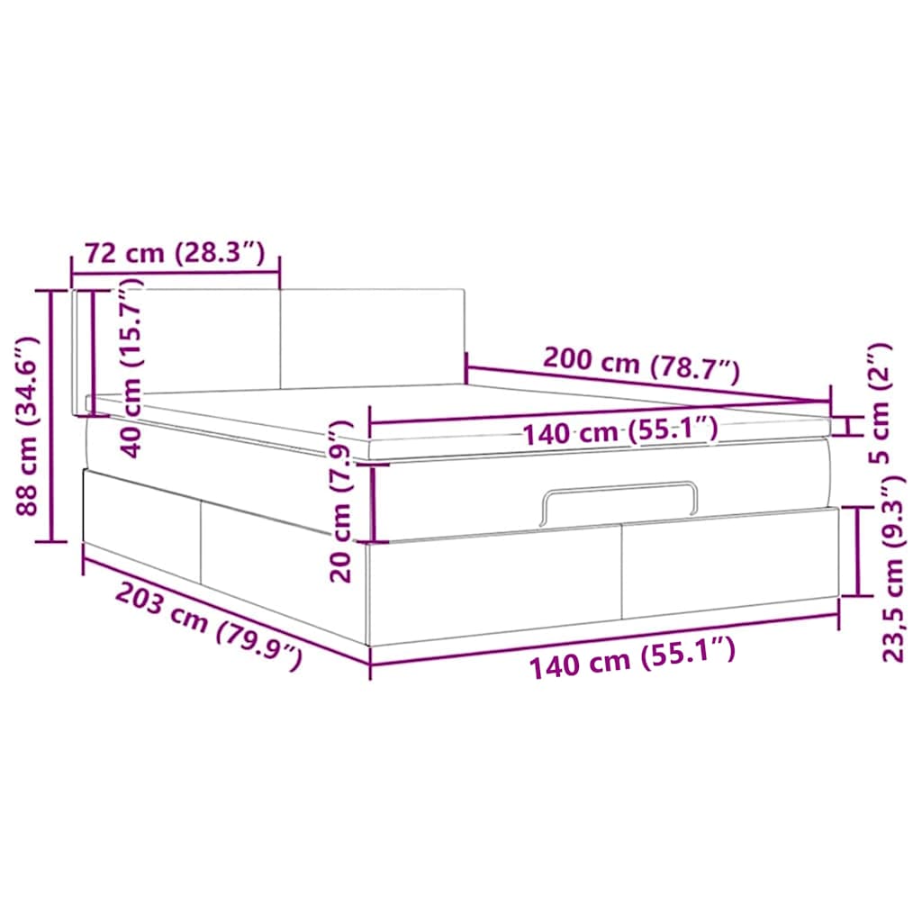 Ottomane Bett mit Matratze & LEDs Schwarz 140x200 cm Stoff