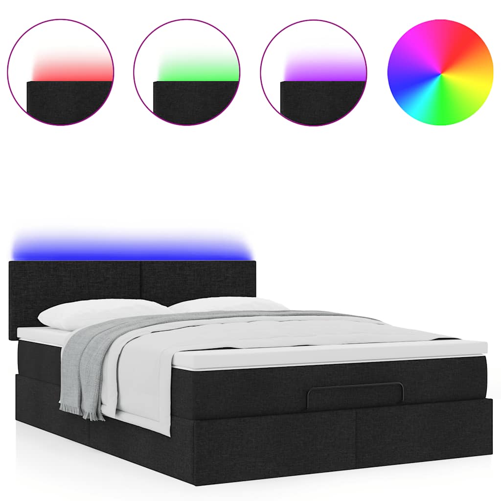 Ottomane Bett mit Matratze & LEDs Schwarz 140x200 cm Stoff