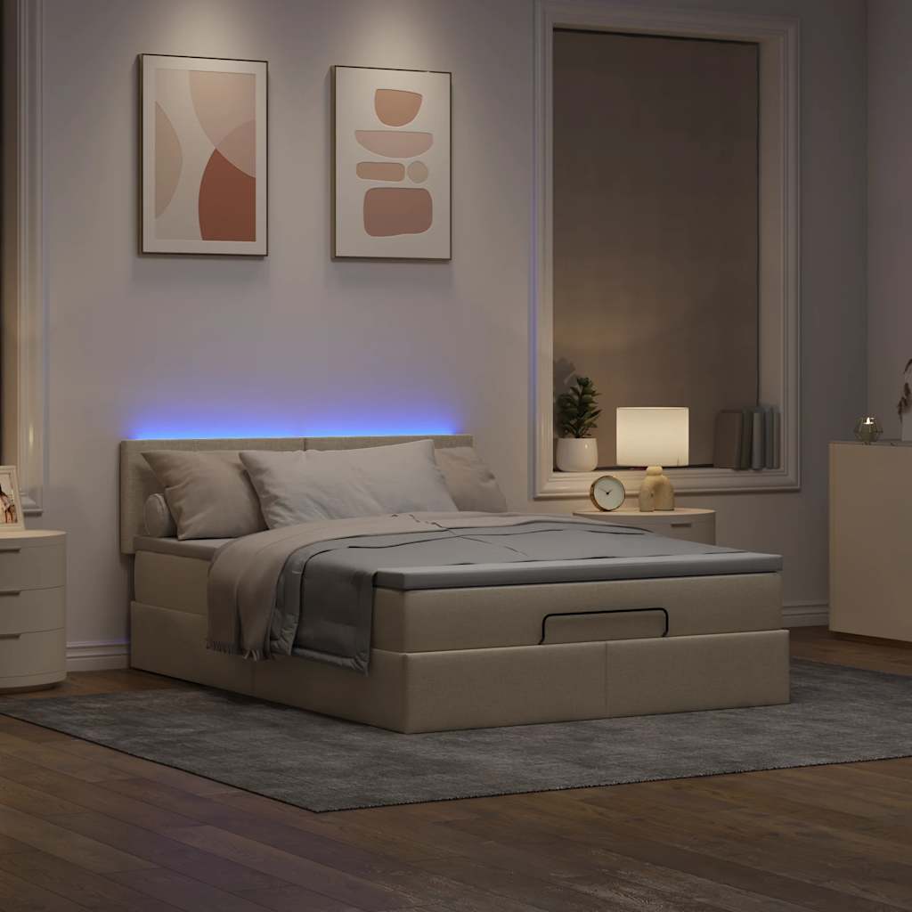 Lit ottoman avec matelas et LED tissu crème 140x200 cm