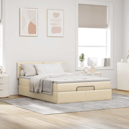 Ottomane Bett mit Matratze & LEDs Creme 140x200 cm Stoff