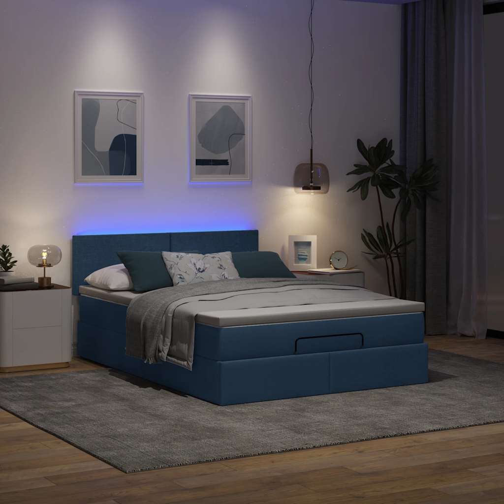 Ottoman-Bett mit Matratze & LEDs Blau 140x200 cm Stoff