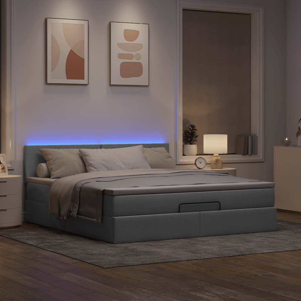 Ottoman-Bett mit Matratze & LEDs Hellgrau 160x200 cm Stoff