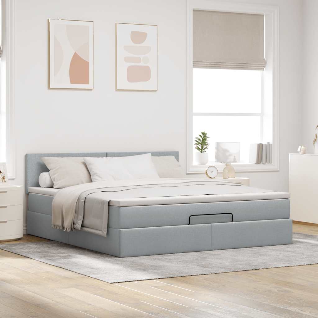 Ottoman-Bett mit Matratze & LEDs Hellgrau 160x200 cm Stoff
