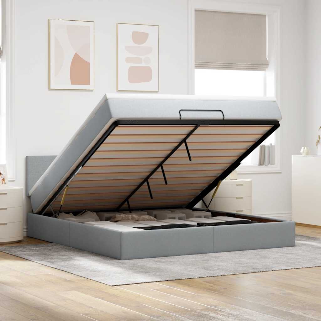Ottoman-Bett mit Matratze & LEDs Hellgrau 160x200 cm Stoff