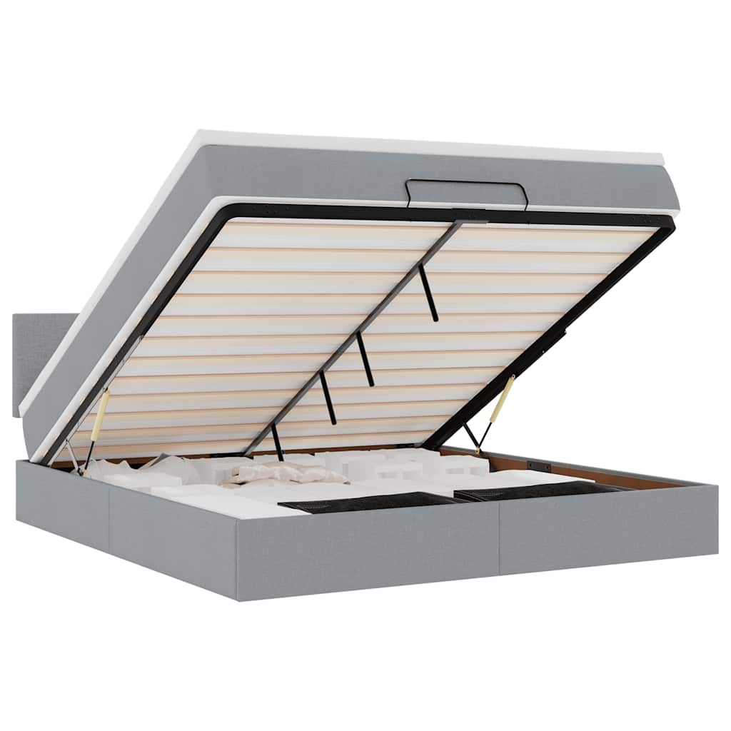 Ottomane Bett mit Matratze & LEDs Hellgrau 180x200 cm Stoff