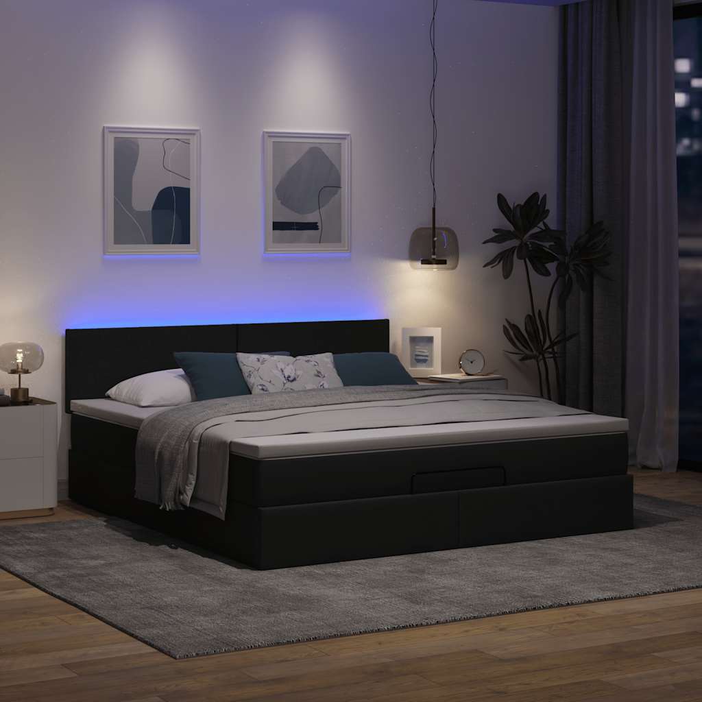 Ottomane Bett mit Matratze & LEDs Dunkelgrau 180x200 cm Stoff
