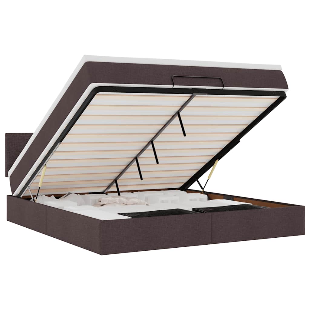 Lit ottoman avec matelas et LED marron foncé 180x200 cm tissu