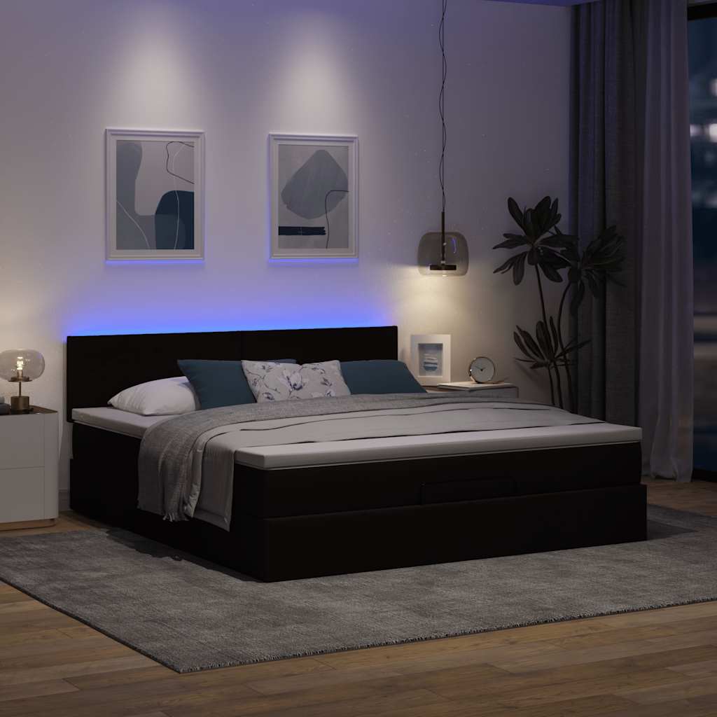 Lit ottoman avec matelas et LED marron foncé 180x200 cm tissu