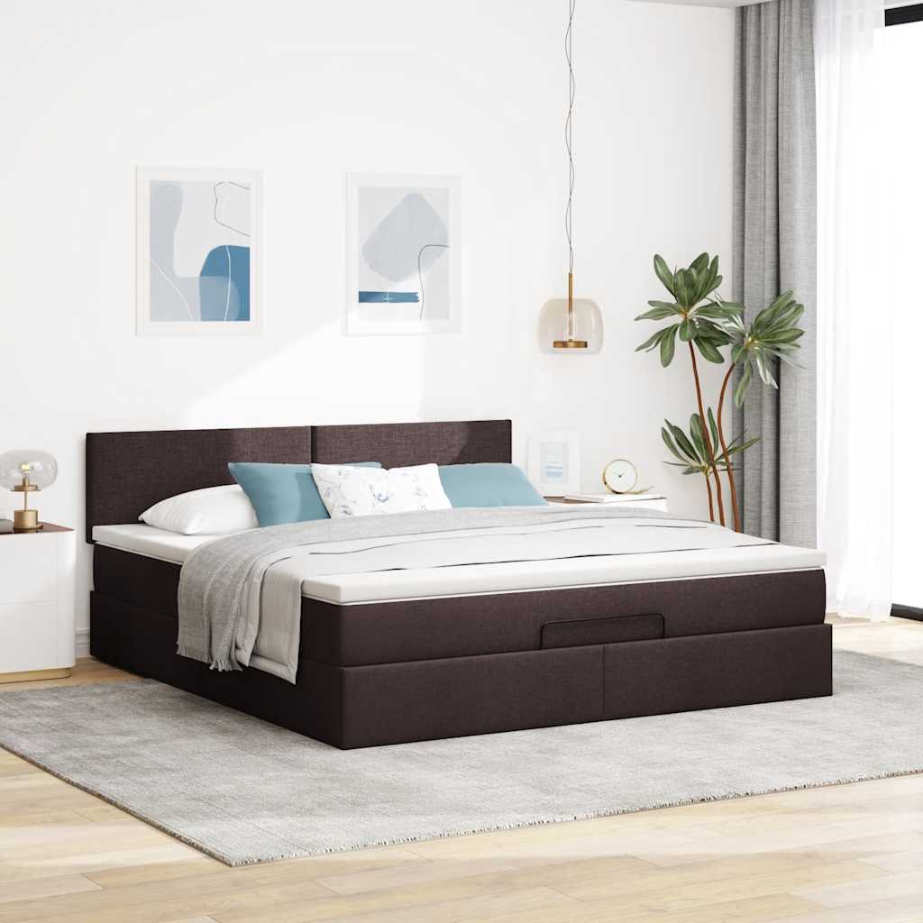 Lit ottoman avec matelas et LED marron foncé 180x200 cm tissu