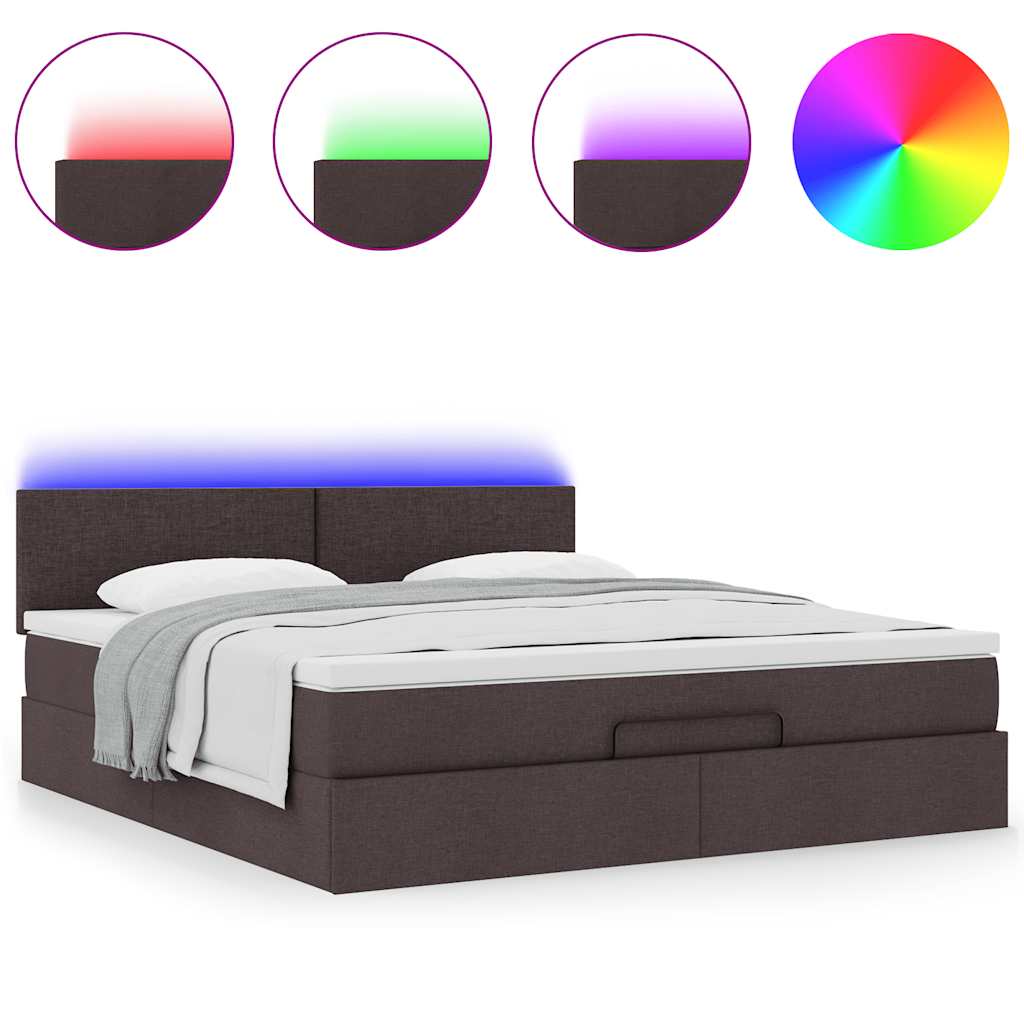 Lit ottoman avec matelas et LED marron foncé 180x200 cm tissu