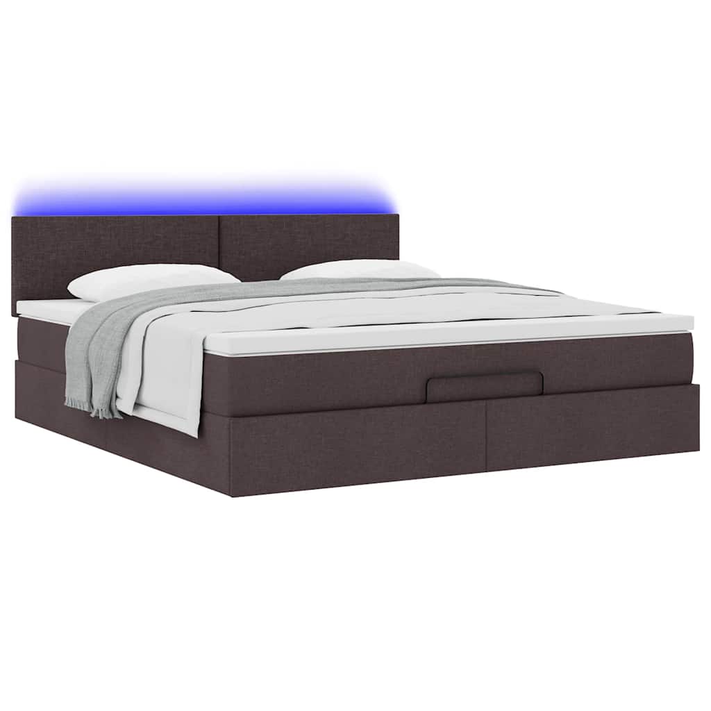Lit ottoman avec matelas et LED marron foncé 180x200 cm tissu