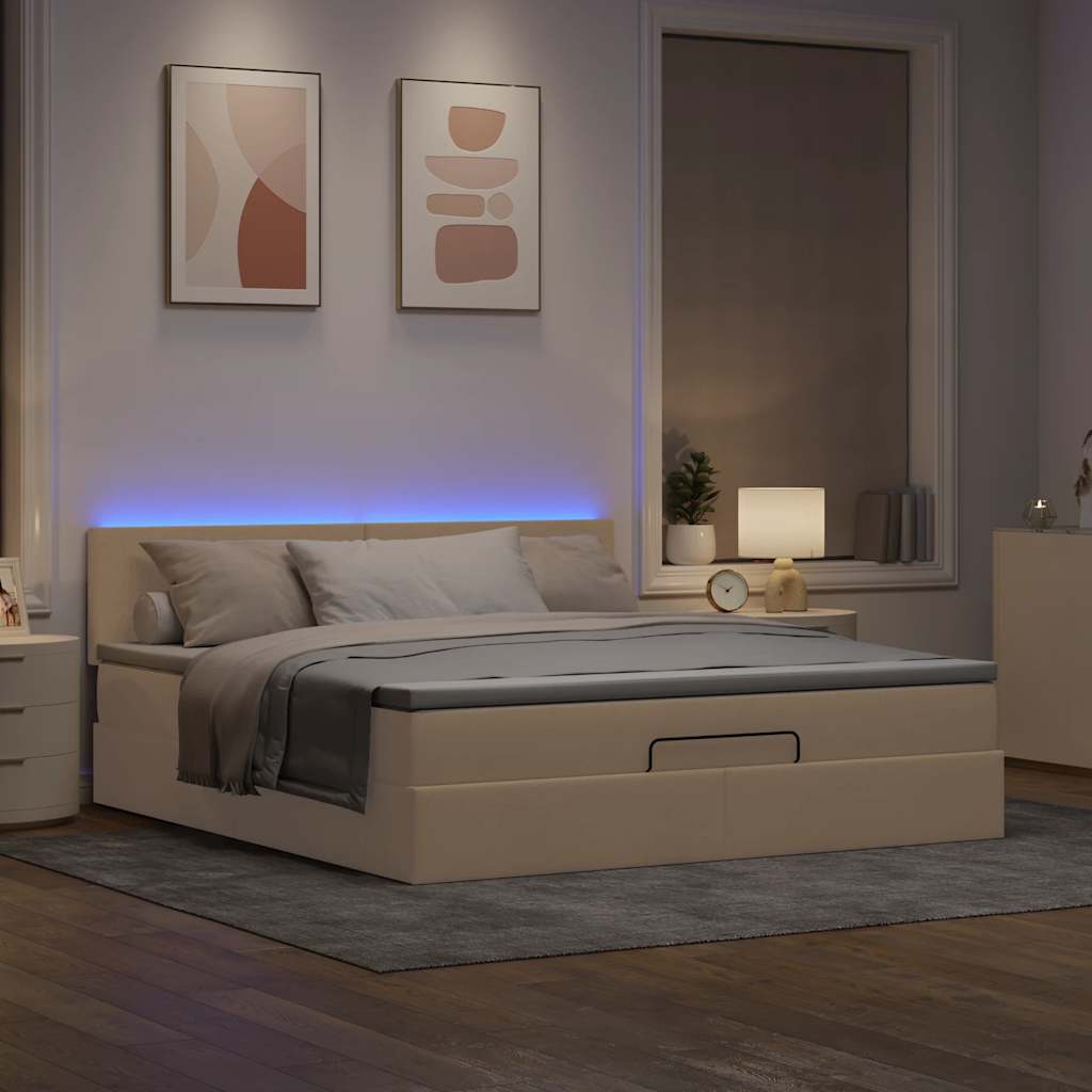 Ottomane Bett mit Matratze & LEDs Creme 180x200 cm Stoff