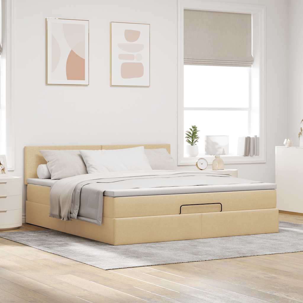 Ottomane Bett mit Matratze & LEDs Creme 180x200 cm Stoff