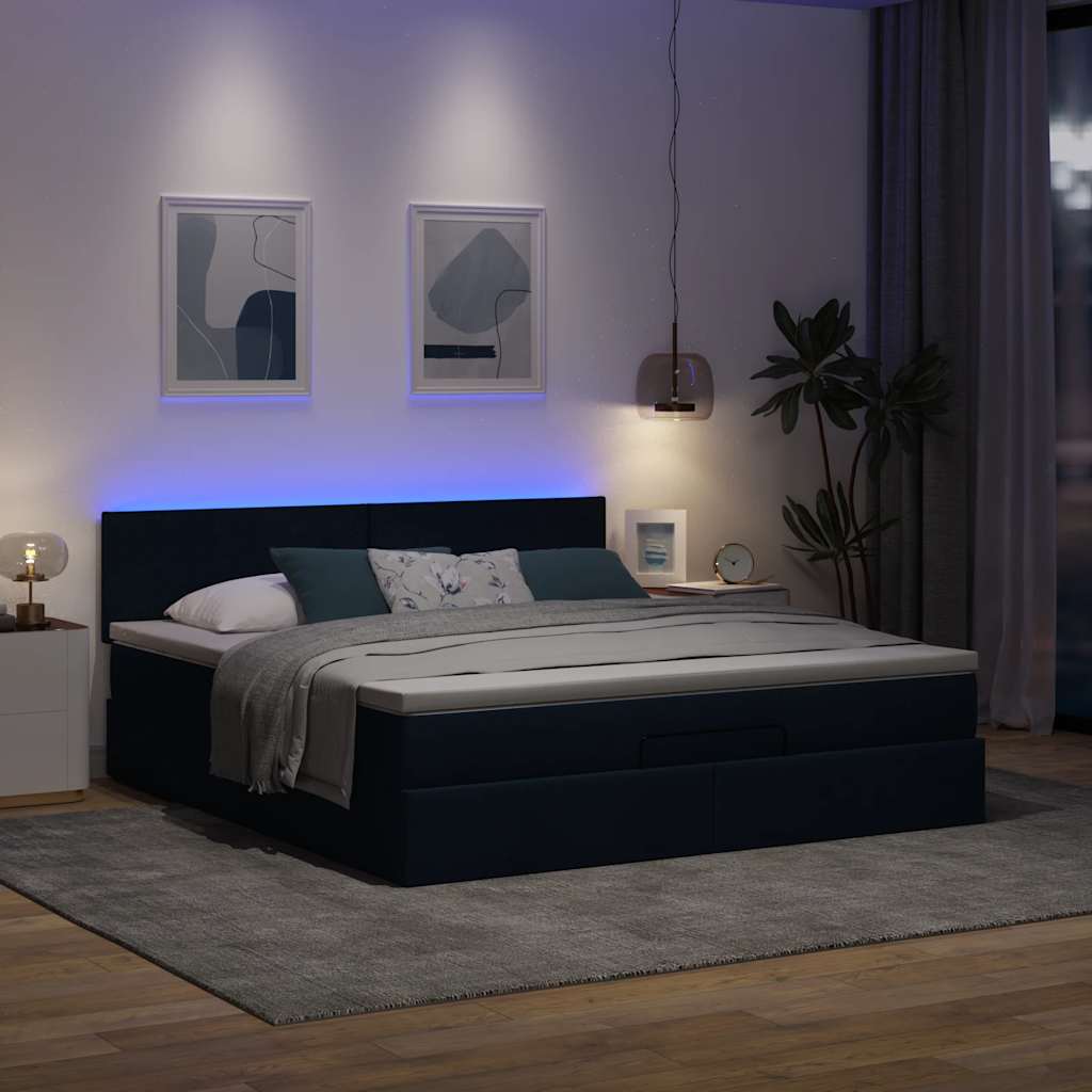 Ottomane Bett mit Matratze & LEDs Blau 180x200 cm Stoff