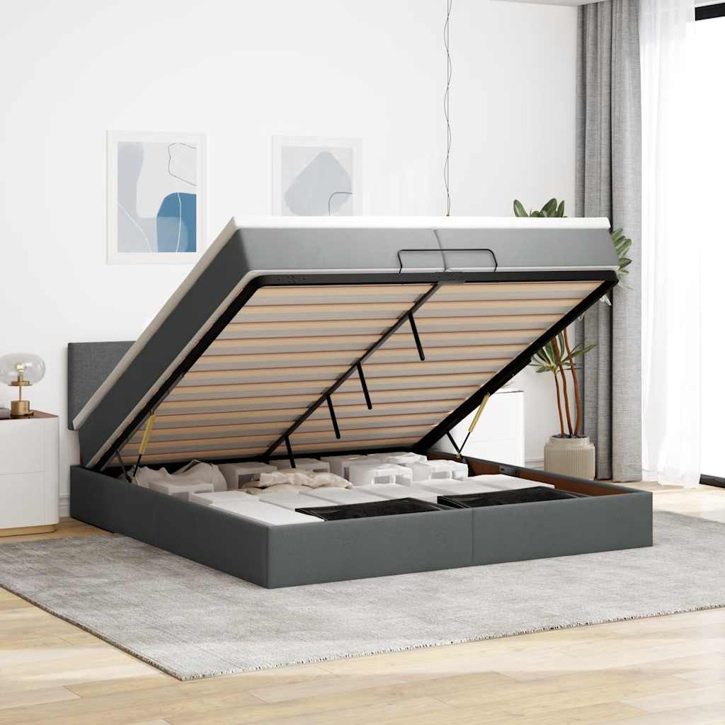 Ottoman-Bett mit Matratzen & LEDs Dunkelgrau 200x200 cm Stoff