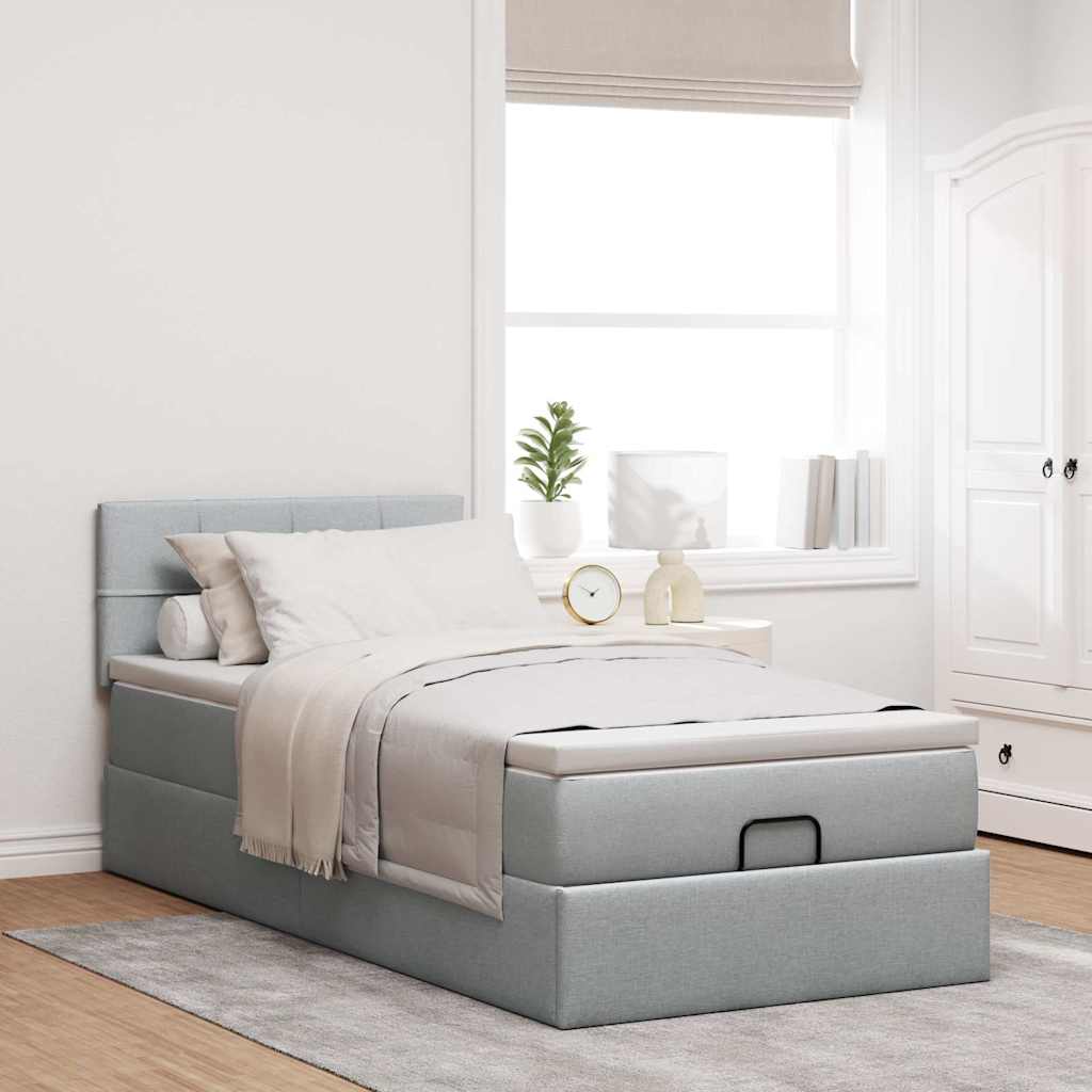 Ottomane Bett mit Matratze & LEDs Hellgrau 90x200 cm Stoff