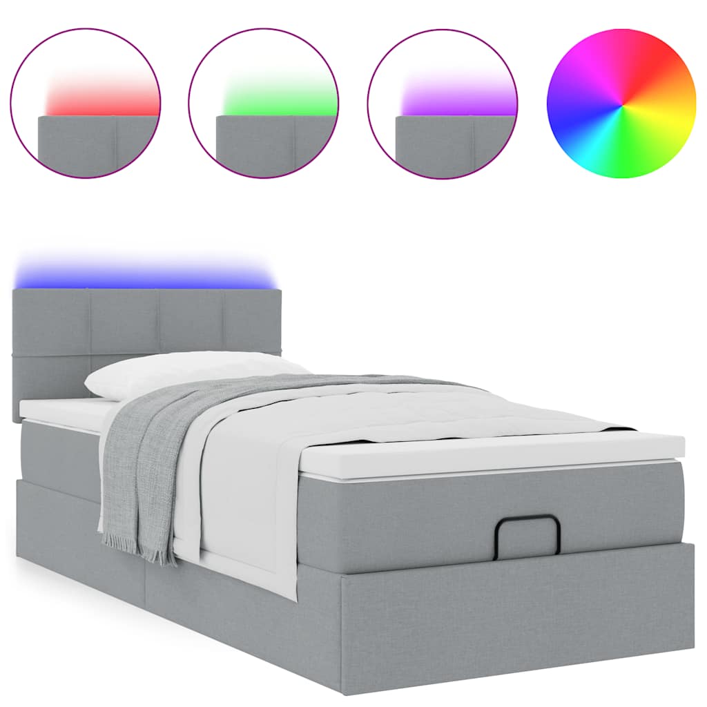 Ottomane Bett mit Matratze & LEDs Hellgrau 90x200 cm Stoff