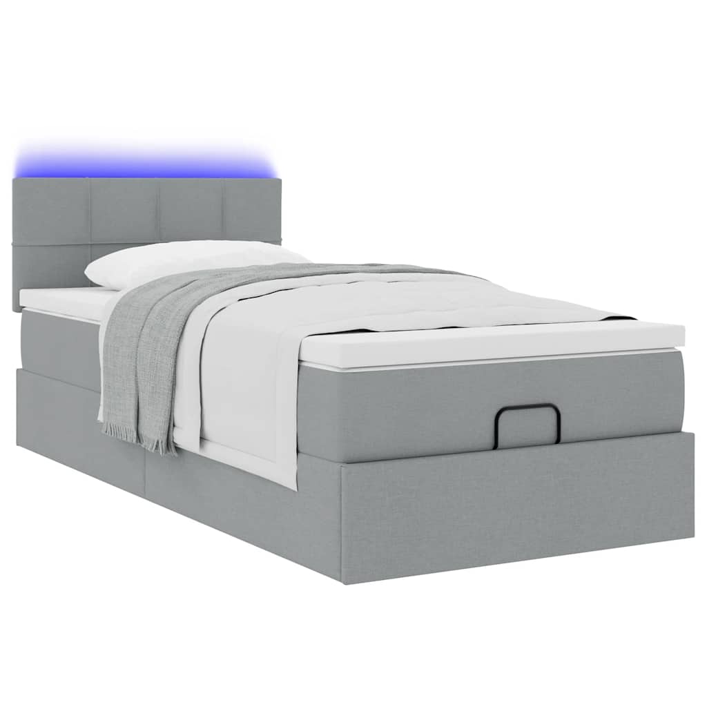 Ottomane Bett mit Matratze & LEDs Hellgrau 90x200 cm Stoff