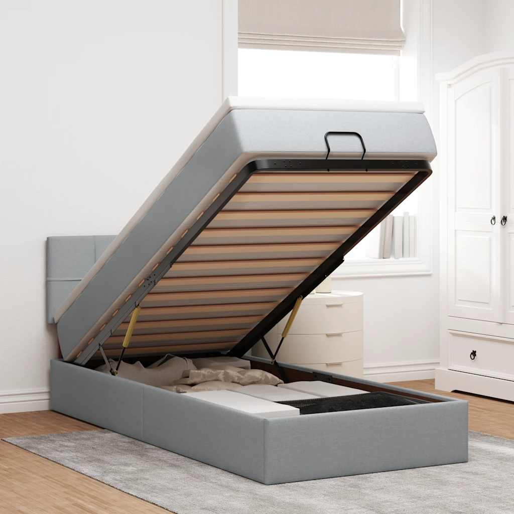 Ottomane Bett mit Matratze & LEDs Hellgrau 90x200 cm Stoff