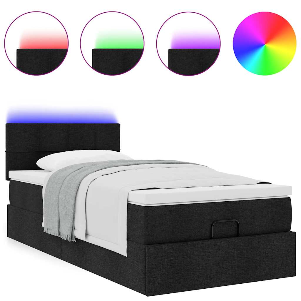 Ottoman-Bett mit Matratze & LEDs Schwarz 90x200 cm Stoff