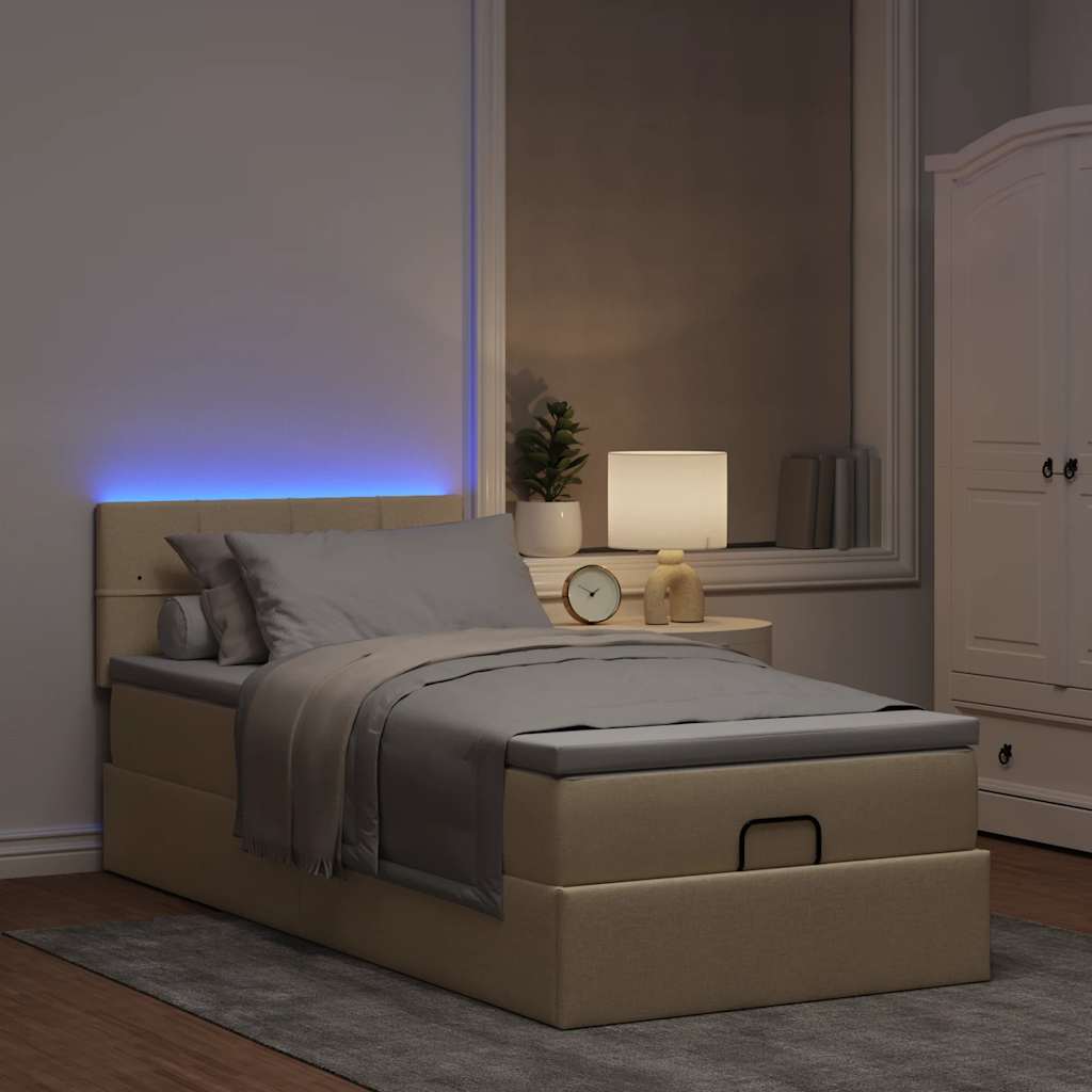 Ottomane Bett mit Matratze & LEDs Creme 90x200 cm Stoff