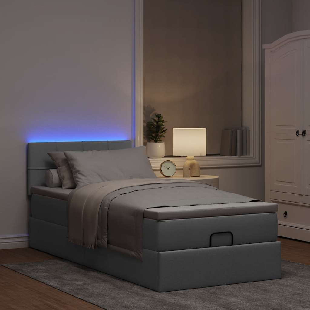 Ottoman-Bett mit Matratze & LEDs Hellgrau 100x200 cm Stoff