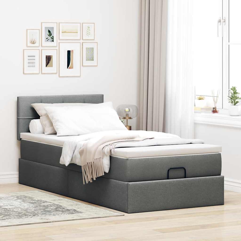 Lit ottoman avec matelas et LED tissu gris foncé 100x200 cm