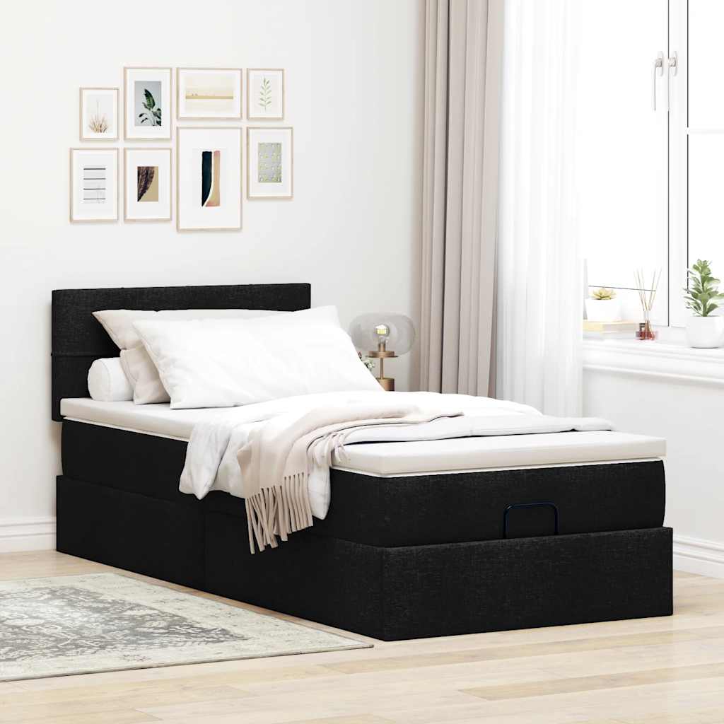 Ottoman-Bett mit Matratze & LEDs Schwarz 100x200 cm Stoff