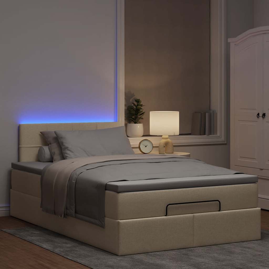Ottomane Bett mit Matratze & LEDs Creme 120x190 cm Stoff