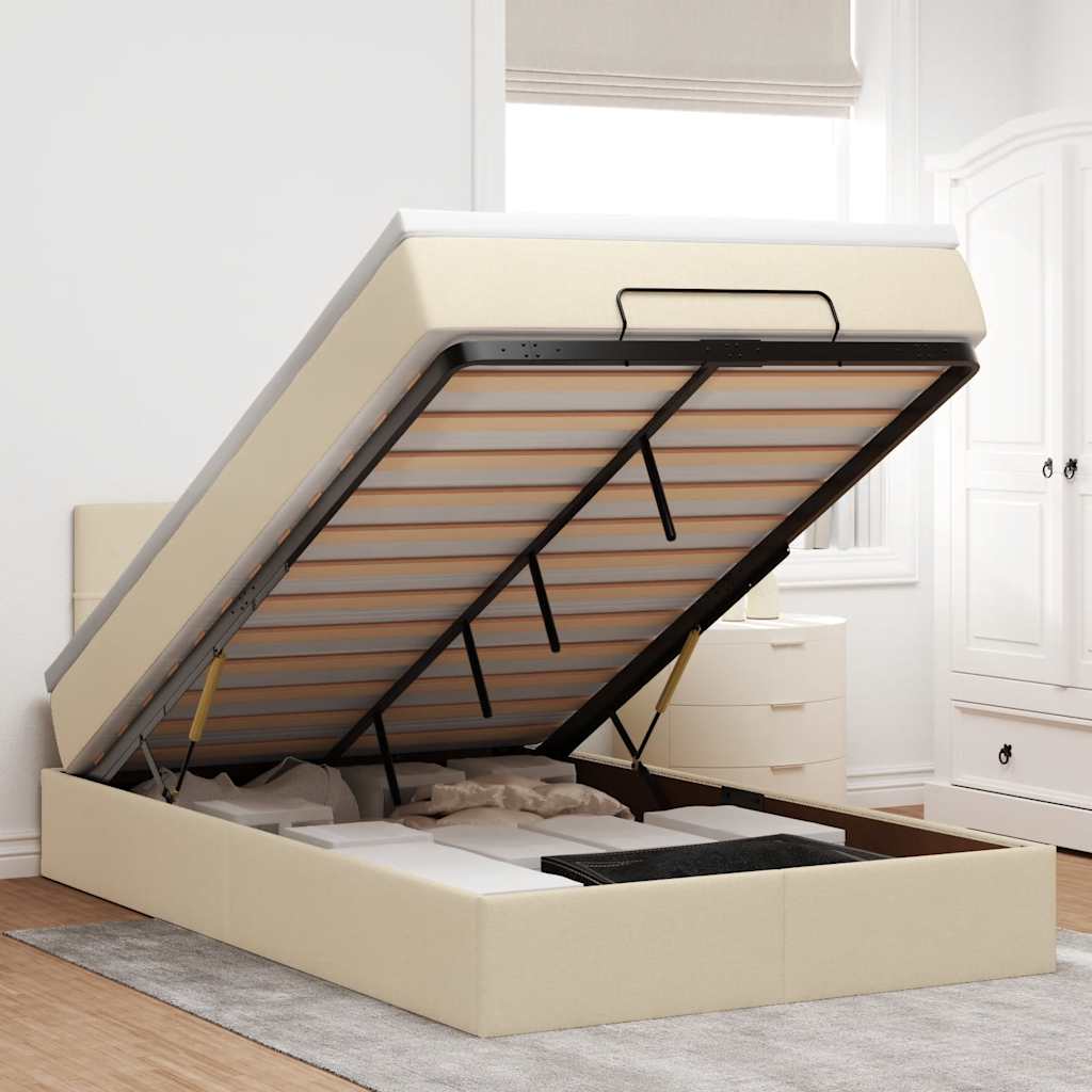 Ottomane Bett mit Matratze & LEDs Creme 120x190 cm Stoff