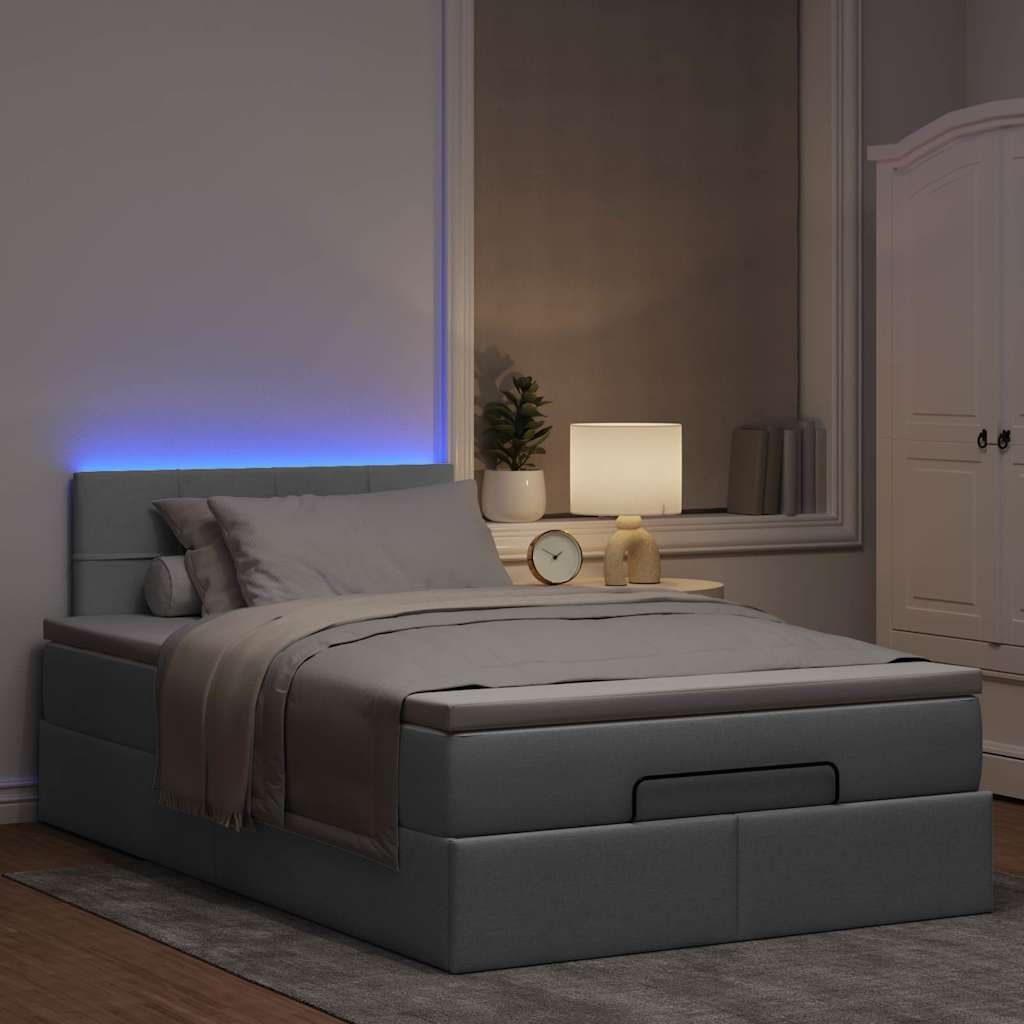 Lit ottoman avec matelas et LED tissu gris clair 120x200 cm