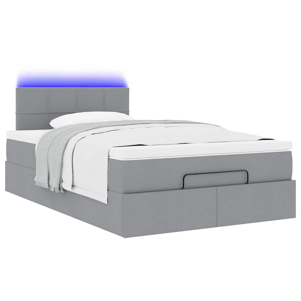 Lit ottoman avec matelas et LED tissu gris clair 120x200 cm