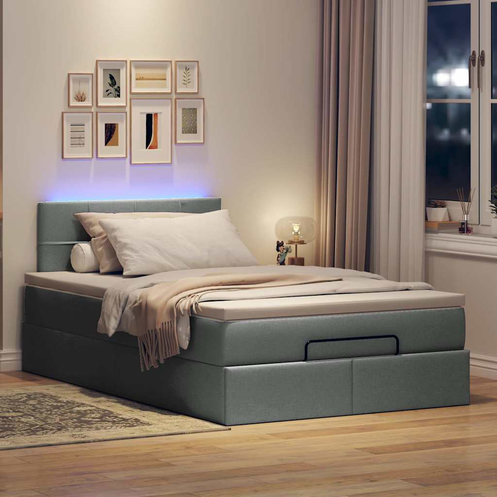 Lit ottoman avec matelas et LED tissu gris foncé 120x200 cm