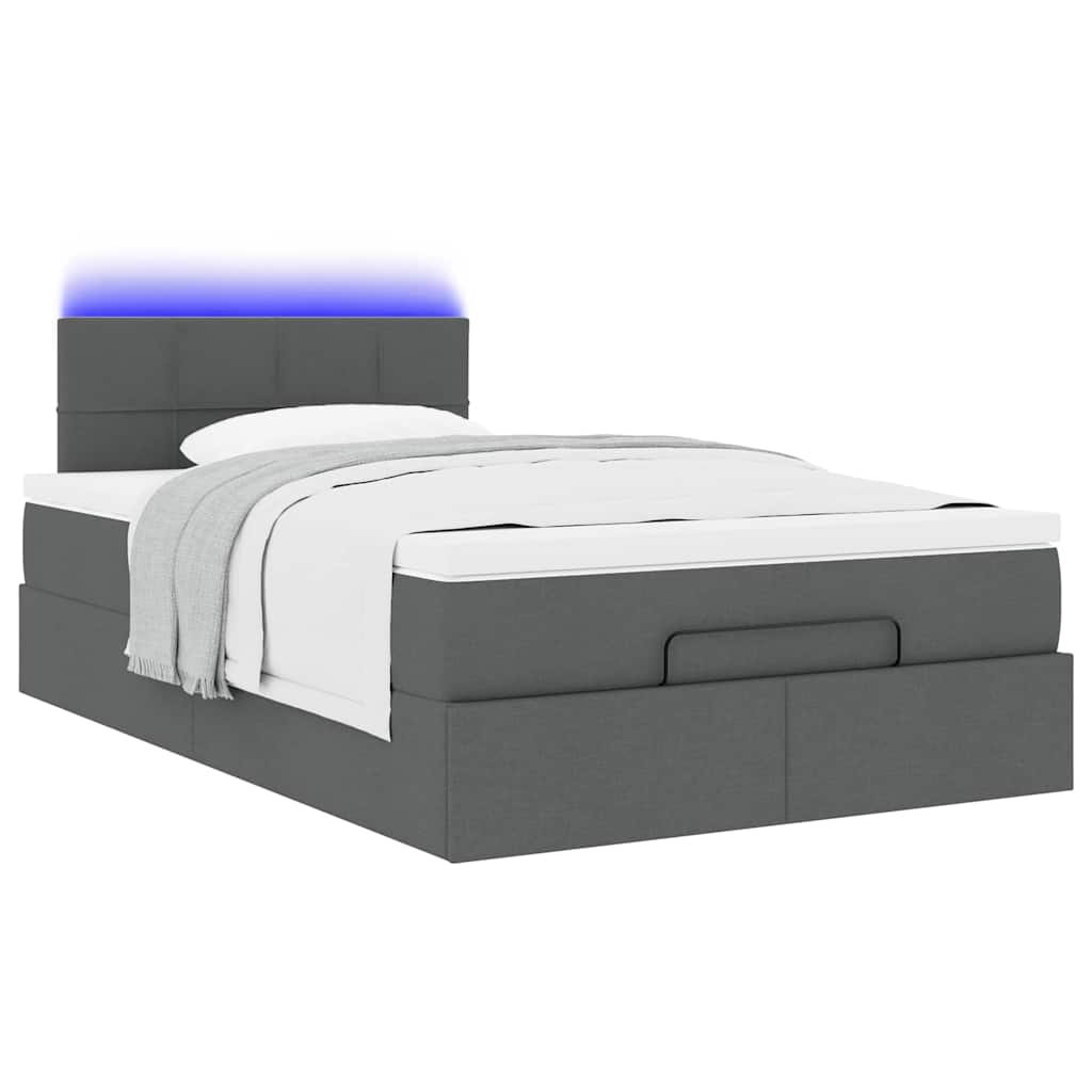 Lit ottoman avec matelas et LED tissu gris foncé 120x200 cm
