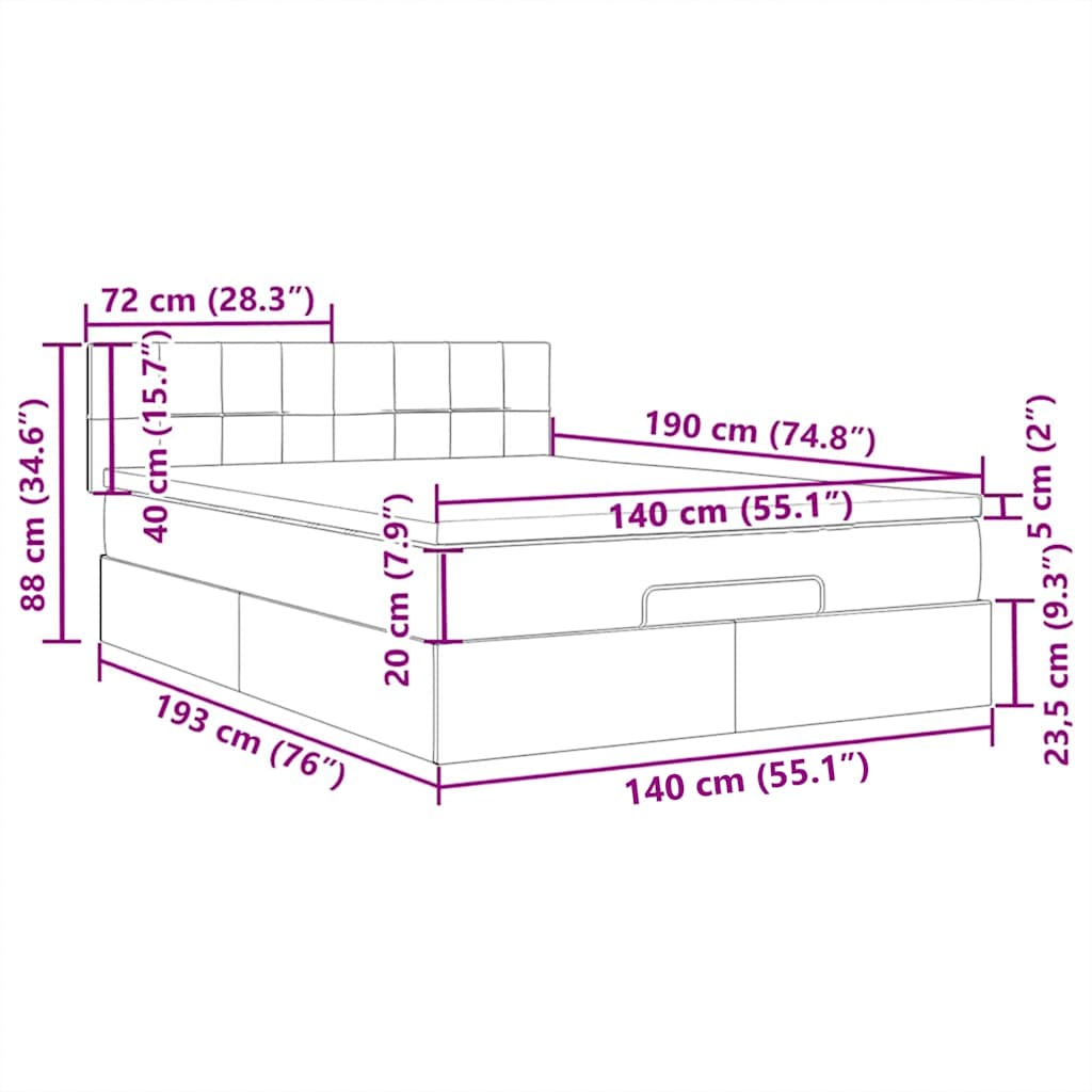 Ottomane Bett mit Matratze & LEDs Hellgrau 140x190 cm Stoff