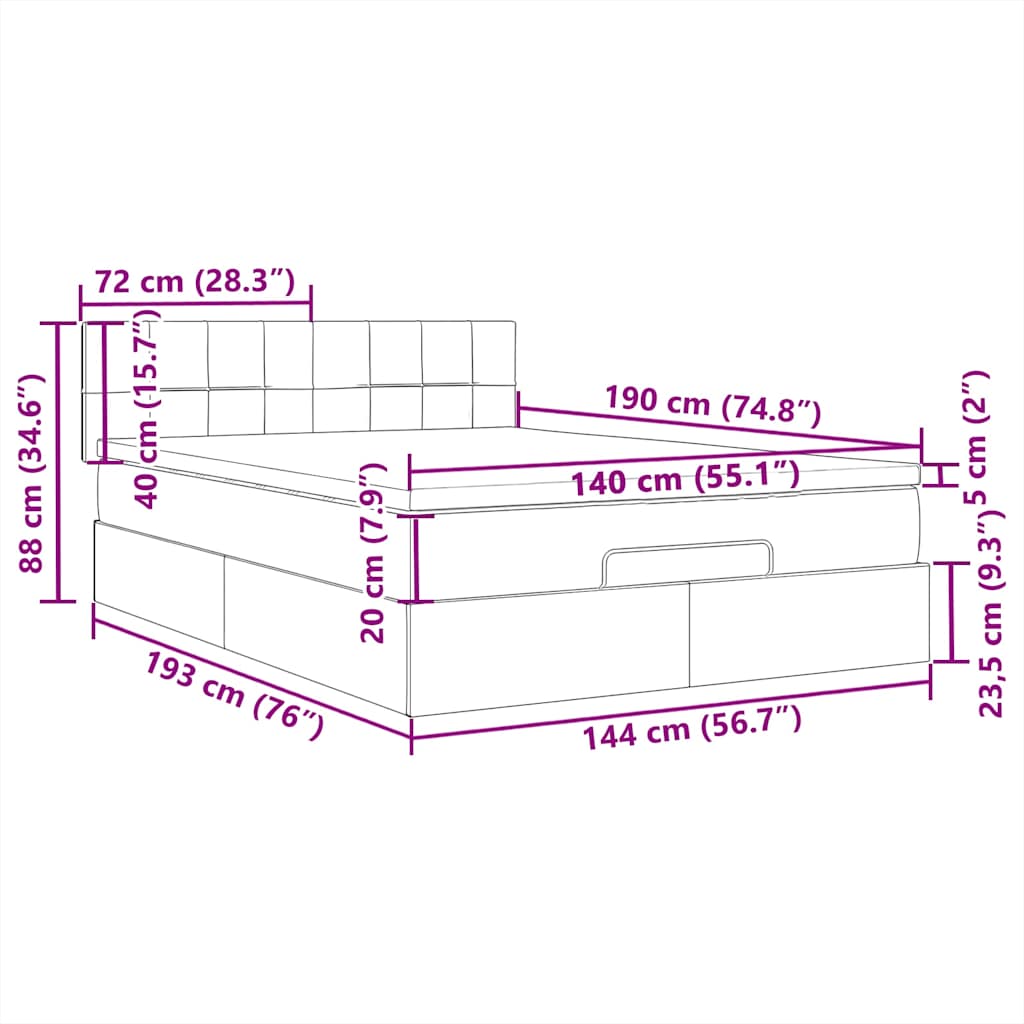 Ottomane Bett mit Matratze & LEDs Schwarz 140x190 cm Stoff