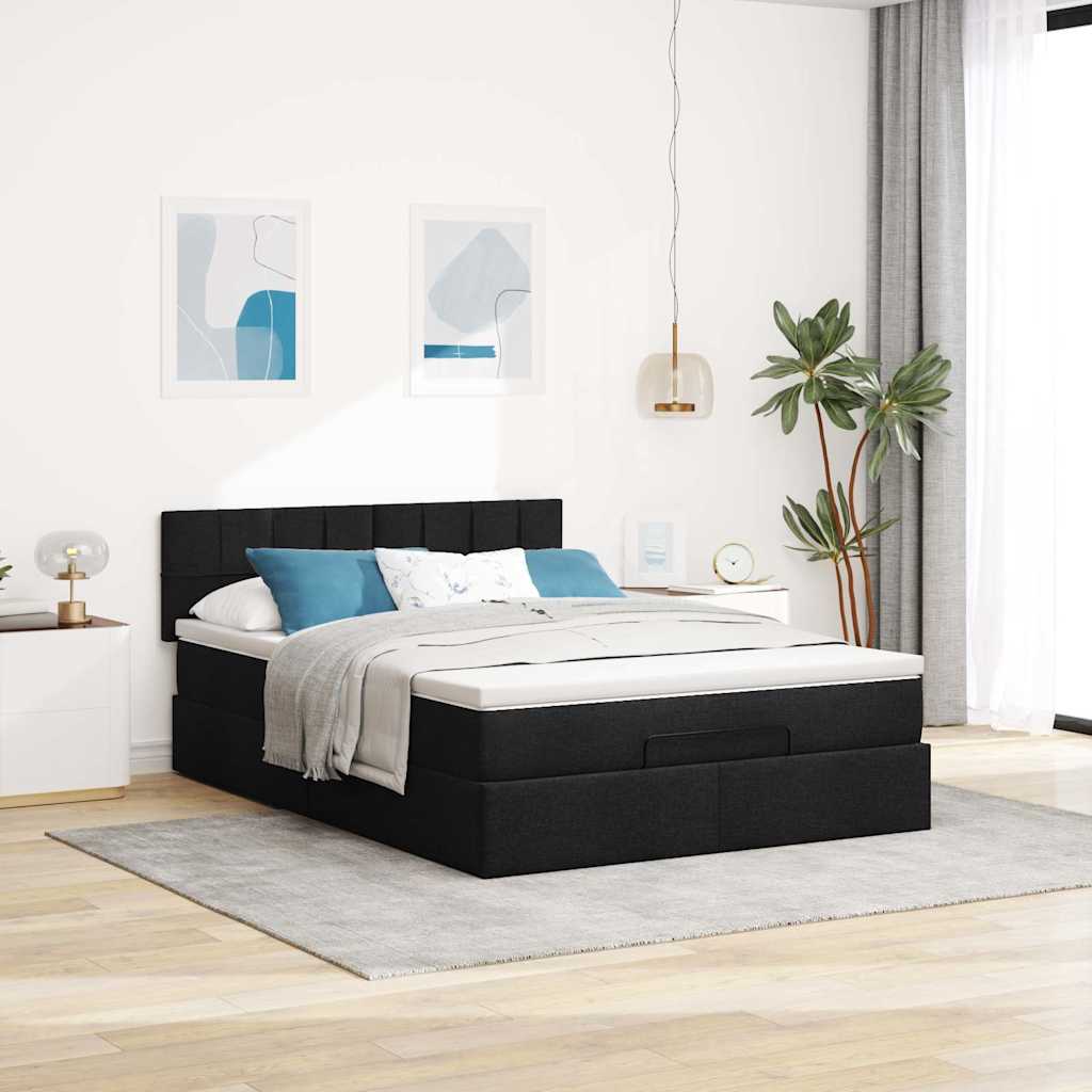 Ottomane Bett mit Matratze & LEDs Schwarz 140x190 cm Stoff
