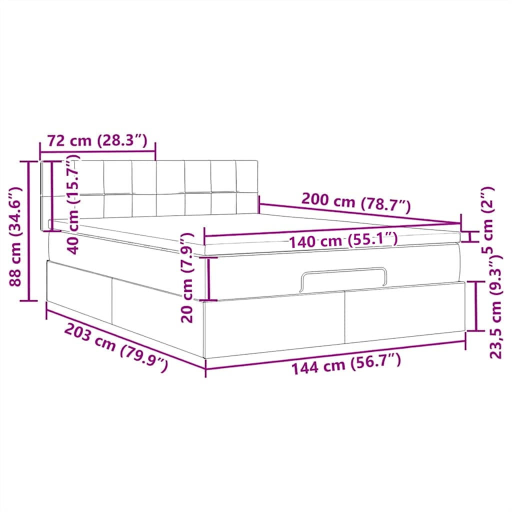 Ottoman-Bett mit Matratze & LEDs Hellgrau 140x200 cm Stoff